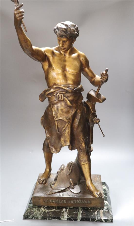 After Emile Picault. A large patinated spelter figure LOliver - Le Rameau de Travail signed, total height 65cm